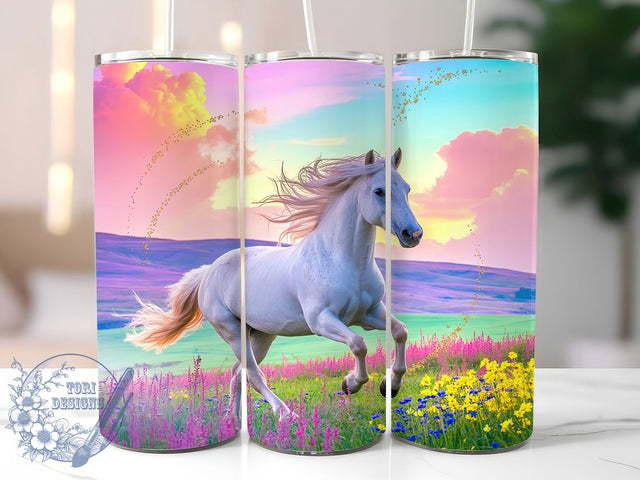 Pastel Meadow White Horse Tumbler, Pastel Meadow Wrap, Elegant Horse Mug Design, Sublimation Wrap, Nature Lover Drinkware, Soft Pastel Gift, Artistic Horse Cup Sublimation ToriDesigns 