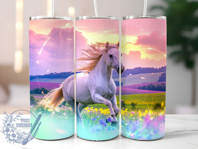 Pastel Meadow White Horse Tumbler, Pastel Meadow Wrap, Elegant Horse Mug Design, Sublimation Wrap, Nature Lover Drinkware, Soft Pastel Gift, Artistic Horse Cup Sublimation ToriDesigns 
