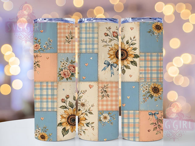 Pastel Patchwork Sunflower 20oz Tumbler, Patchwork Sunflower, Pastel Style, Floral Theme, Sublimation Wrap, 20oz Tumbler, Cozy Aesthetic, Vintage Design Sublimation SvggirlplusArt 