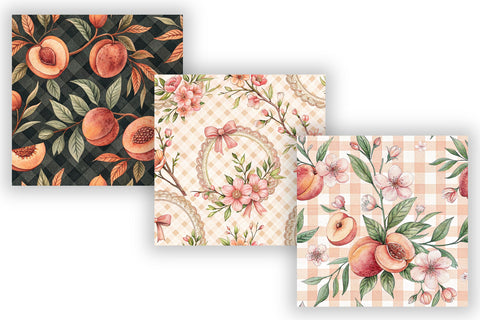 Pastel Peach Gingham Digital Paper, Seamless Watercolor Fruit Pattern Pack, Printable Scrapbook Paper, Wedding Summer Design Bundle Digital Pattern FloridPrintables 