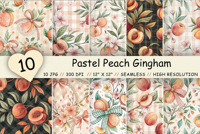 Pastel Peach Gingham Digital Paper, Seamless Watercolor Fruit Pattern Pack, Printable Scrapbook Paper, Wedding Summer Design Bundle Digital Pattern FloridPrintables 