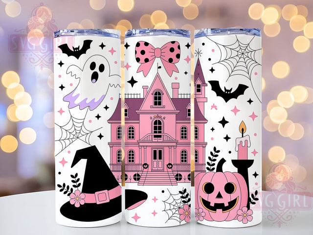 Pastel Pink Cute Halloween Tumbler, Pink Haunted House PNG, Witch Hat Sublimation Design, Cute Ghost Cup Wrap, 20oz Halloween Bats Wrap, Girly Spooky Season Tumbler, Soft Gothic Drinkware Sublimation SvggirlplusArt 