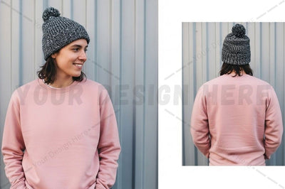 Pastel pink sweatshirt with knitted beanie Mock Up Photo Designangry 