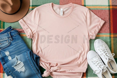 Pastel pink t-shirt mockup with casual outfit Mock Up Photo Designangry 