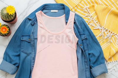 Pastel pink t-shirt with denim jacket Mock Up Photo Regulrcrative 