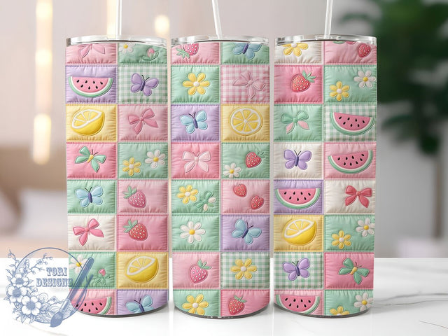 Pastel Quilt Fruit Bow 20oz Tumbler, Pastel Theme, Quilt Pattern, Fruit Motif, Bow Design, Cute Charm, Skinny Tumbler, Sublimation PNG Sublimation ToriDesigns 