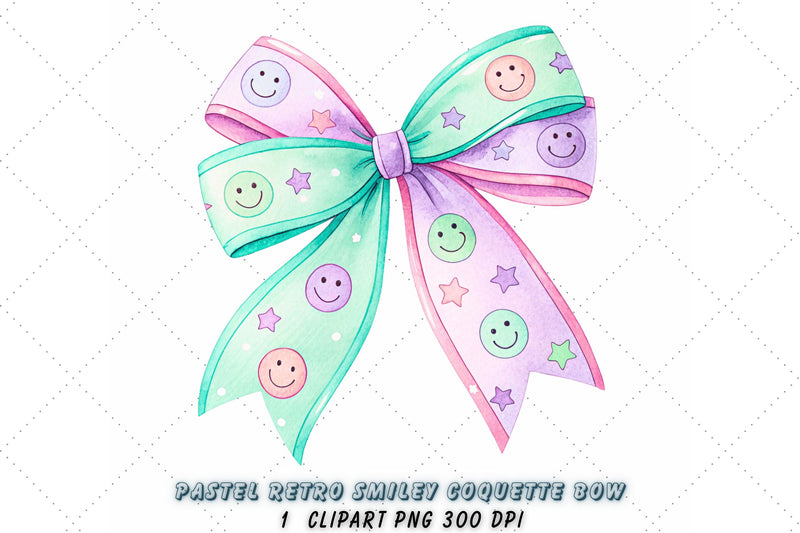 Pastel Retro Smiley Coquette Bow Clipart, pastel retro bow, smivintage ley coquette bow, bow design, retro smiley clipart, digital bow design, soft pastel bow, smiley bow art Sublimation FloridPrintables 