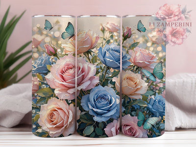 Pastel Rose Butterfly Glow 20oz Tumbler, Rose Motif, Butterfly Accent, Pastel Theme, Glow Art Design, Whimsical Flair, Sublimation Wrap, 20oz Tumbler Sublimation Li Zamperini 