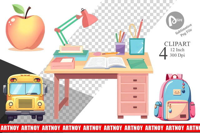 Pastel School Essentials Clipart Sublimation artnoy 