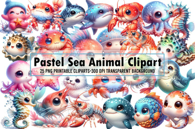 Pastel Sea Animal Watercolor Clipart Sublimation designartist 