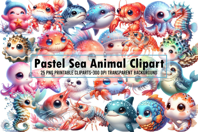 Pastel Sea Animal Watercolor Clipart Sublimation designartist 