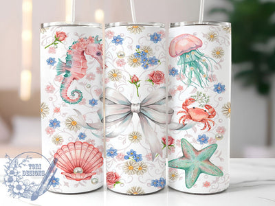 Pastel Sea Pearl Bow 20oz Tumbler, Pastel Theme, Sea Motif, Pearl Design, Bow Accent, Elegant Charm, Skinny Tumbler, Sublimation PNG Sublimation ToriDesigns 