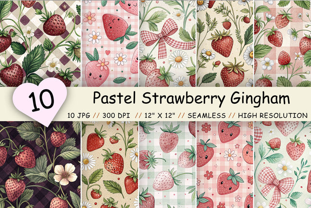Pastel Strawberry Gingham Digital Paper, Seamless Watercolor Fruit Pattern Pack, Cottagecore Scrapbook Paper Printable Bundle, Sweet Summer Design Digital Pattern FloridPrintables 