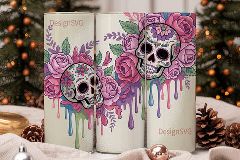 Pastel Sugar Skull Floral Tumbler Wrap Sublimation DesignSVG 