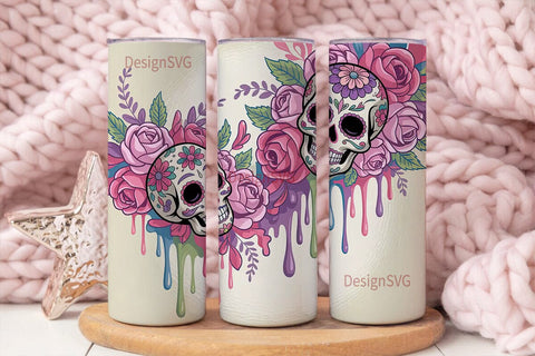 Pastel Sugar Skull Floral Tumbler Wrap Sublimation DesignSVG 