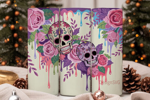 Pastel Sugar Skull Floral Tumbler Wrap Sublimation DesignSVG 