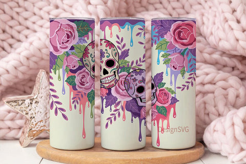 Pastel Sugar Skull Floral Tumbler Wrap Sublimation DesignSVG 