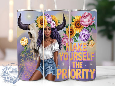 Pastel Sunflower Self-Care Tumbler, Self Care Tumbler Wrap, Motivational Girl PNG, 20oz Sublimation Wrap, Make Yourself Priority Design, Feminine Tumbler PNG, Floral Tumbler Design Sublimation ToriDesigns 