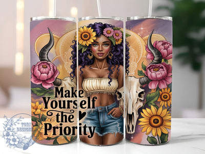 Pastel Sunflower Self-Care Tumbler, Self Care Tumbler Wrap, Motivational Girl PNG, 20oz Sublimation Wrap, Make Yourself Priority Design, Feminine Tumbler PNG, Floral Tumbler Design Sublimation ToriDesigns 