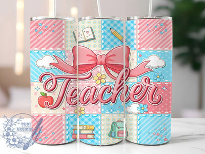 Pastel Teacher Bow 20oz Tumbler, Pastel Theme, Teacher Motif, Bow Design, Classroom Style, Whimsical Charm, Skinny Tumbler, Sublimation PNG Sublimation ToriDesigns 