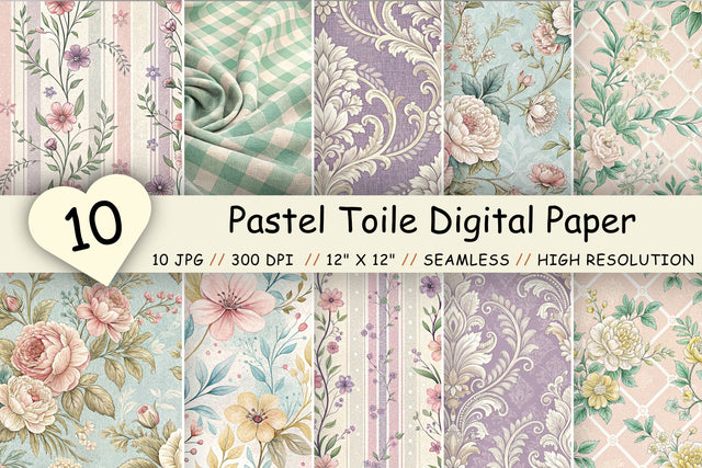 Pastel Toile Digital Paper Pack, Vintage Floral Toile, Gingham & Stripe Seamless Patterns, Wedding, Scrapbooking & Printable Crafts Digital Pattern FloridPrintables 