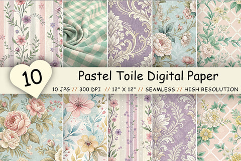 Pastel Toile Digital Paper Pack, Vintage Floral Toile, Gingham & Stripe Seamless Patterns, Wedding, Scrapbooking & Printable Crafts Digital Pattern FloridPrintables 