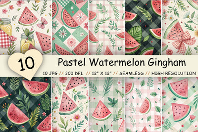 Pastel Watermelon Gingham Digital Paper, Seamless Watercolor Fruit Pattern Pack, Printable Scrapbook Paper, Summer Pink Design Bundle Digital Pattern FloridPrintables 