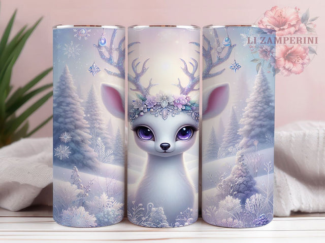 Pastel White Winter Deer Tumbler, White Christmas Wrap, 20Oz Skinny Tumbler, Elegant Holiday Sublimation, Soft Snow Forest Design, Cute Reindeer Tumbler, Frosty Woodland Wrap Sublimation Li Zamperini 