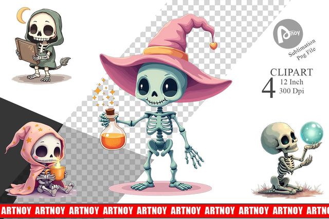 Pastel Witch Skeleton Clipart Sublimation artnoy 
