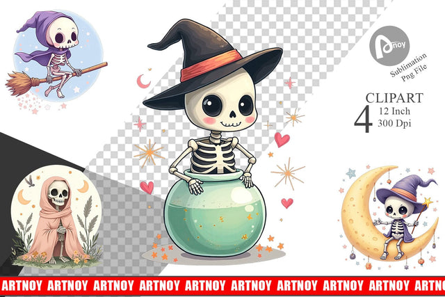 Pastel Witch Skeleton Clipart Sublimation artnoy 
