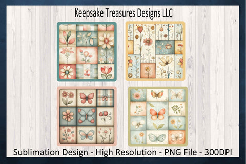 Patch Work Coasters - Spring Patch Work PNG Sublimation - Square Coasters - Digital Download - PNG Printable Sublimation Keepsake Treasures Designs LLC. 