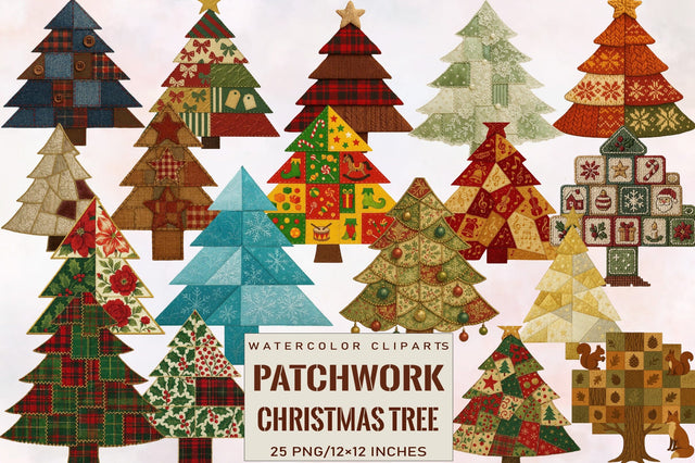Patchwork Christmas Tree Clipart Bundle. Sublimation SVGArt 
