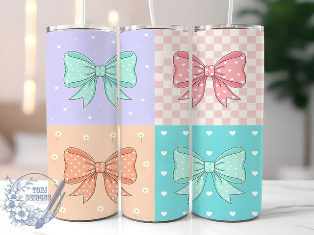 Patchwork Decorative Bows 20oz Tumbler Wrap, Patchwork Pattern, Decorative Bows, Whimsical Style, Retro Charm, Cute Motif, Skinny Tumbler, Sublimation PNG Sublimation ToriDesigns 