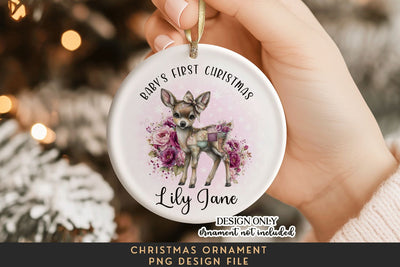 Patchwork Deer First Christmas Ornament PNG Floral Sublimation BijouBay 