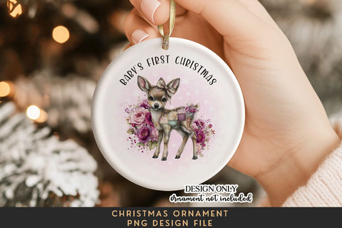 Patchwork Deer First Christmas Ornament PNG Floral Sublimation BijouBay 