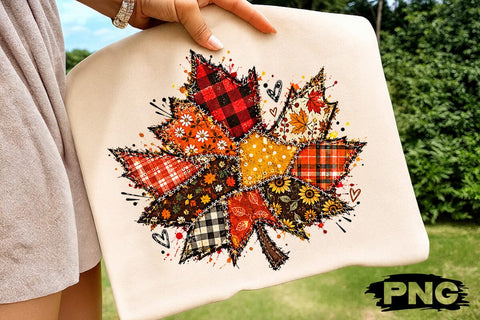 Patchwork Fall Leaf Sublimation PNG SVG DesignDestine 