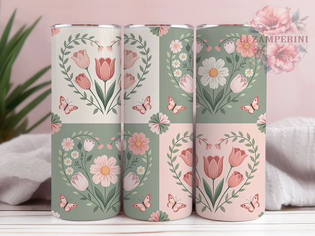 Patchwork Floral Heart Tumbler, Quilted Heart Wrap, Romantic Floral Cup, 20oz Sublimation Wrap, Stylish Heart Design Tumbler, Artistic Patchwork Cup, Love Floral Theme Wrap Sublimation Li Zamperini 