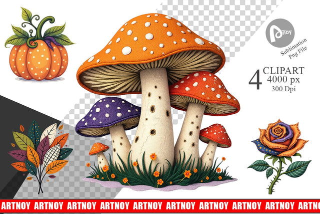 Patchwork Halloween Botanical Clipart Sublimation artnoy 