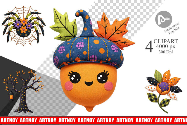 Patchwork Halloween Botanical Clipart Sublimation artnoy 
