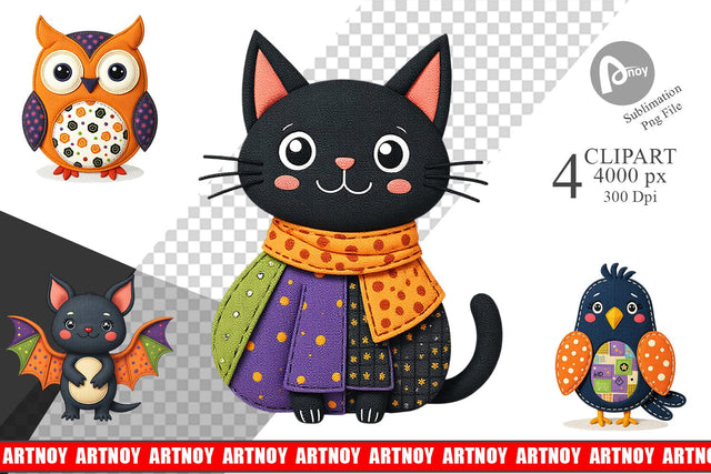 Patchwork Halloween Critters Clipart Sublimation artnoy 