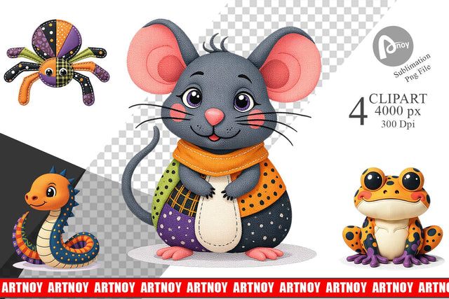 Patchwork Halloween Critters Clipart Sublimation artnoy 