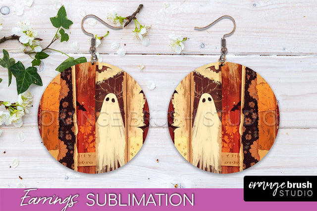 Patchwork Halloween Earrings Round Earrings Sublimation Sublimation OrangeBrushStudio 