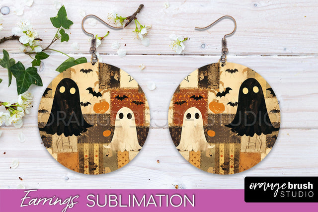Patchwork Halloween Earrings Round Earrings Sublimation Sublimation OrangeBrushStudio 