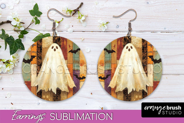 Patchwork Halloween Earrings Round Earrings Sublimation Sublimation OrangeBrushStudio 