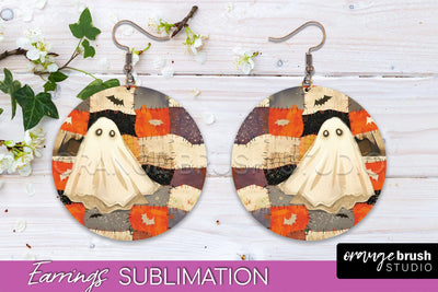 Patchwork Halloween Earrings Round Earrings Sublimation Sublimation OrangeBrushStudio 
