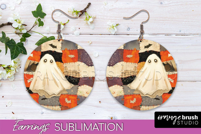 Patchwork Halloween Earrings Round Earrings Sublimation Sublimation OrangeBrushStudio 