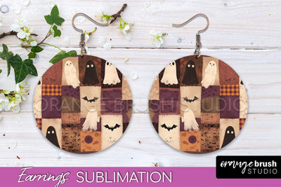 Patchwork Halloween Earrings Round Earrings Sublimation Sublimation OrangeBrushStudio 