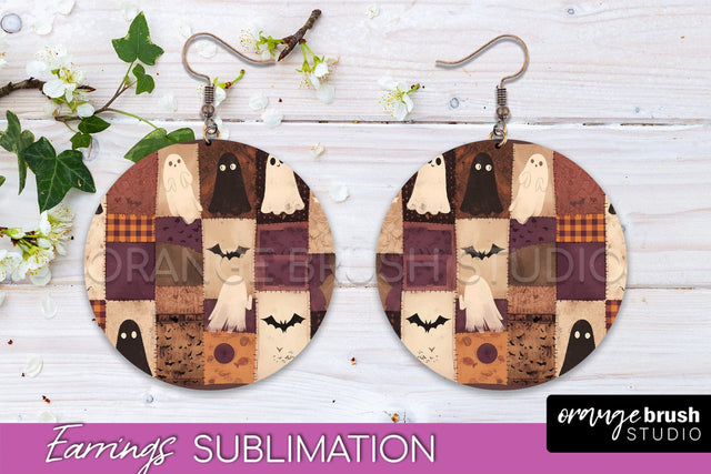 Patchwork Halloween Earrings Round Earrings Sublimation Sublimation OrangeBrushStudio 