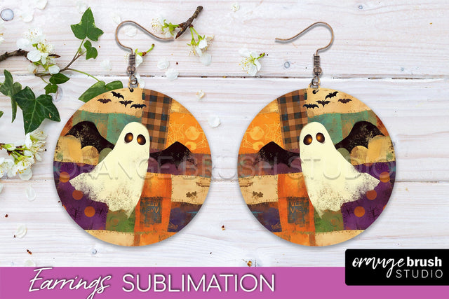Patchwork Halloween Earrings Round Earrings Sublimation Sublimation OrangeBrushStudio 