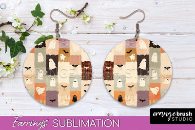 Patchwork Halloween Earrings Round Earrings Sublimation Sublimation OrangeBrushStudio 